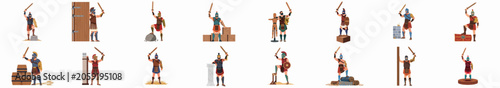 Foto Collection of flat vector illustrations depicting ancient Roman and Greek warriors, gladiators, and legionaries in various combat poses with traditional weapons and armor