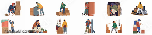 Schilderij op canvas Illustration set of young men in various survival scenarios, depicting themes of homelessness, refugees, and illegal immigration in an industrial port environment