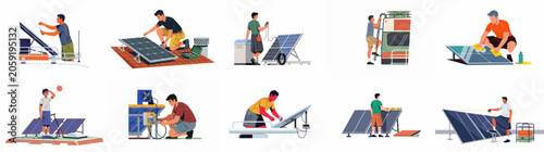 Schilderij op canvas Vector illustration set showing men installing, maintaining, cleaning, and measuring solar panels on rooftops and recreational vehicles for renewable energy