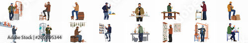 Photos Collection of illustrations depicting craft spirits distillation process with men working with copper stills, botanicals, and laboratory equipment for artisanal beverage production