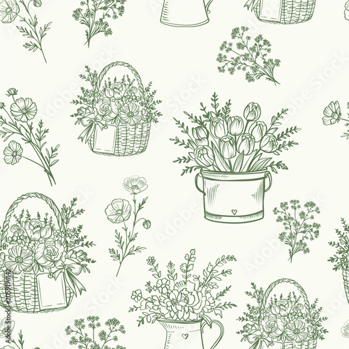 Fashion vector vintage style pattern with hand drawn  flowers