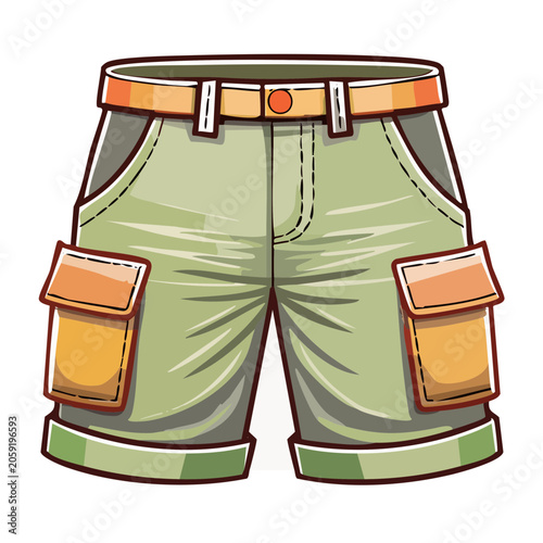 Cartoon illustration of green cargo shorts with orange pockets