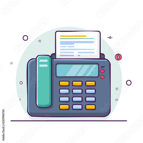 Flat design illustration of a fax machine with document