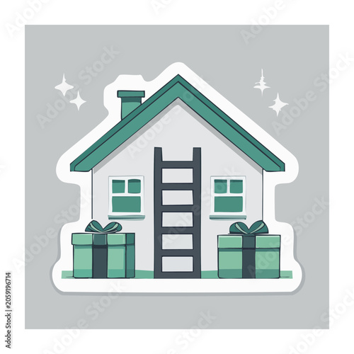 Flat design illustration of a house with gifts and ladder