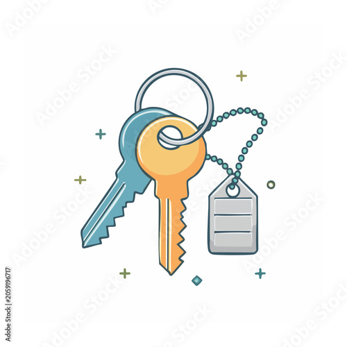 Flat design illustration of a keychain with keys and tag