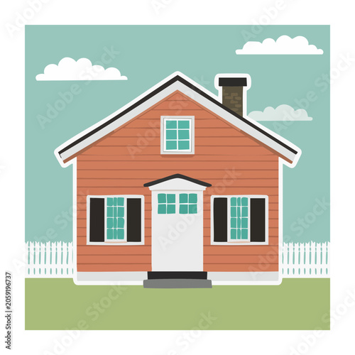 Flat design illustration of a wooden house with fence
