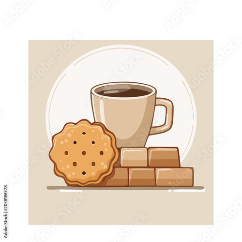Flat illustration of coffee cup, cookie, and sugar cubes