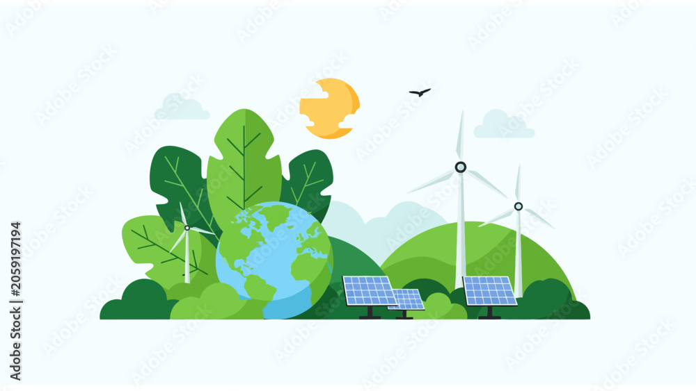 Fototapeta premium Sustainable Energy Flat Vector Illustration with Solar Panels and Wind Turbines