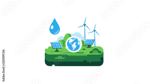 Renewable Energy Concept Illustration with Solar Panels and Wind Turbines
