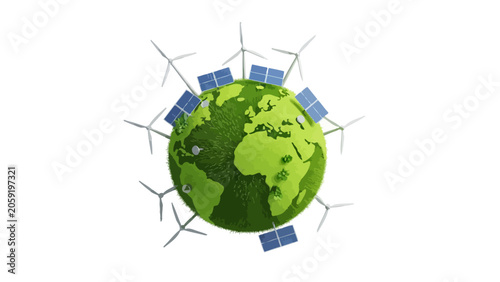 Green Earth Globe with Solar Panels and Wind Turbines for Renewable Energy Concept
