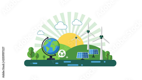 Renewable Energy Concept Illustration with Wind Turbines, Solar Panels, Globe, and Recycling Symbol in Sustainable Green Landscape