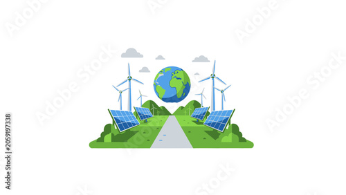 Sustainable Renewable Energy Vector with Globe Solar Panels and Wind Turbines