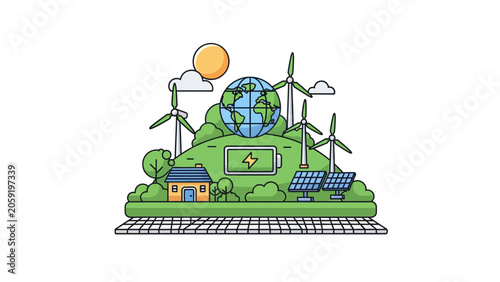 Green Sustainable Energy Concept with Solar Panels, Wind Turbines and Globe Illustration