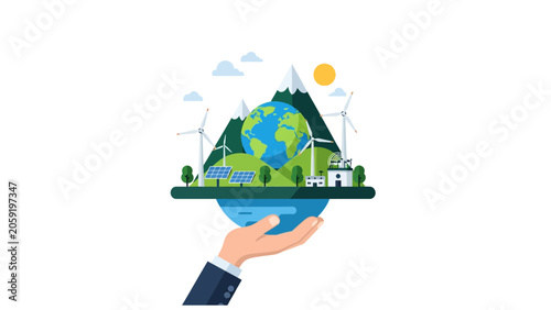 Sustainable Green Energy Concept with Wind Turbines Solar Panels and Earth Illustration