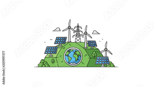 Renewable Energy Concept Illustration with Wind Turbines Solar Panels and Earth Globe for Sustainability