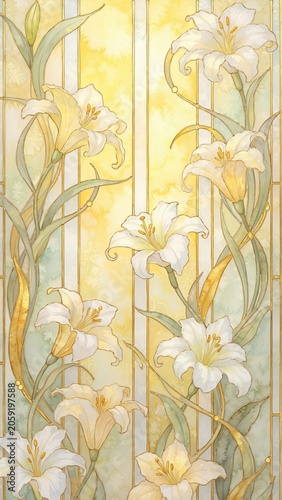 Watercolor Art Nouveau White Lily with Golden Light — Elegant Floral Storybook Smartphone Wallpaper