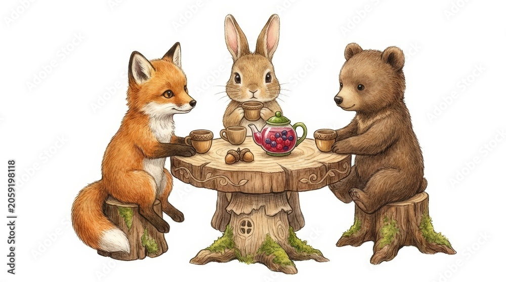 Naklejka premium Fox rabbit and bear sitting at wooden table drinking tea. Cute forest animals having party in woodland. Children book illustration style featuring friendly forest creatures character.