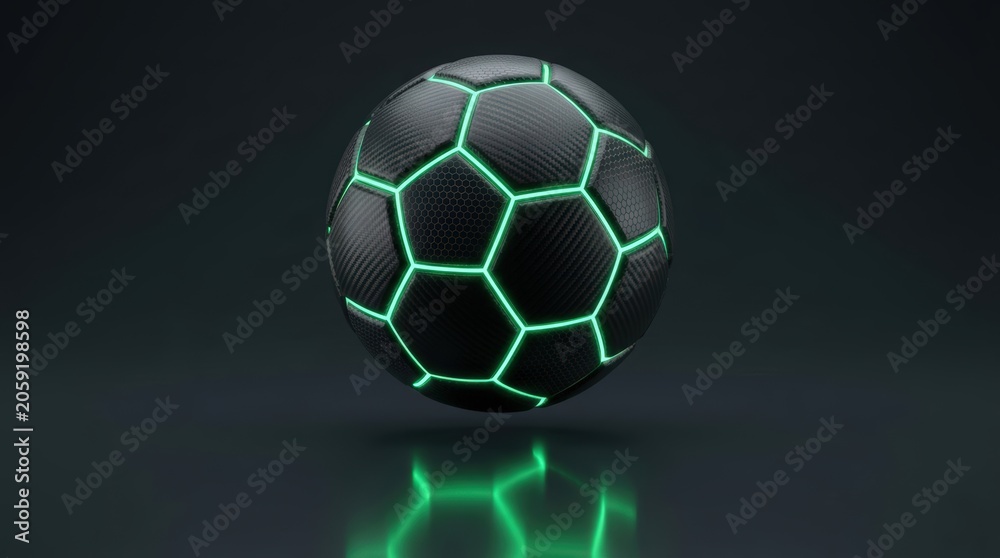 Naklejka premium Carbon fiber soccer ball with glowing green lines. Futuristic sports equipment for professional game and training. Modern aesthetic visualization of neon technology in athletic competition.