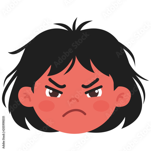Tableau sur toile Angry child face with black messy hair, flat design emotion concept