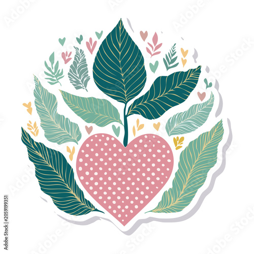 Pink heart with green leaves and botanical elements
