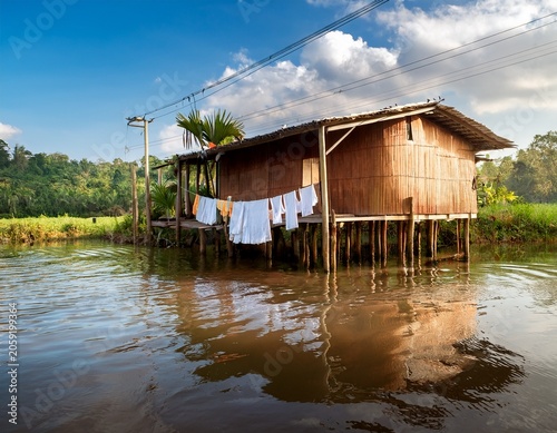 stilt house on river with laundry drying