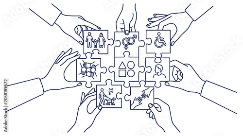 Hands holding puzzle pieces with diversity and inclusion icons symbolizing social unity.