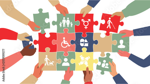 People holding colored puzzle pieces representing diversity equity and social inclusion.