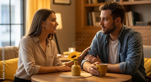 Intimate Conversation: A couple shares a tender moment, deep in conversation over coffee at a cozy cafe, their hands resting on the table, conveying warmth and connection.