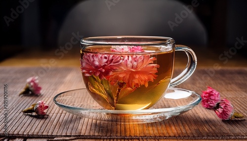 glass cup filled with fragrant chinese tea infused with flowers pictures