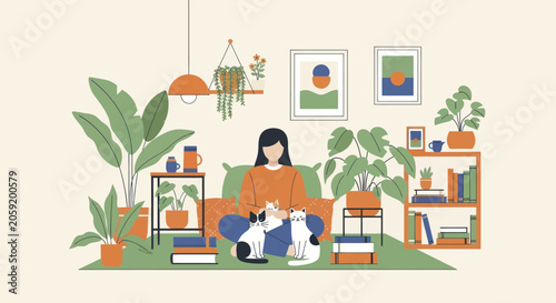 Photography Woman relaxing with cats and plants indoors.