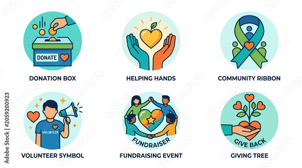 Fototapeta premium A fundraising event with helping hands holding a donation box and a community ribbon for charity.
