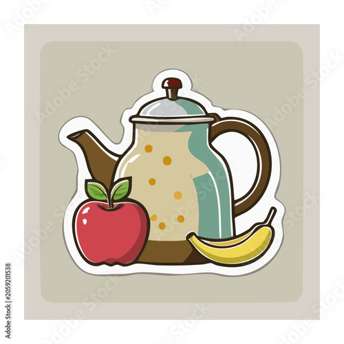 Flat Design Illustration of Teapot with Apple and Banana
