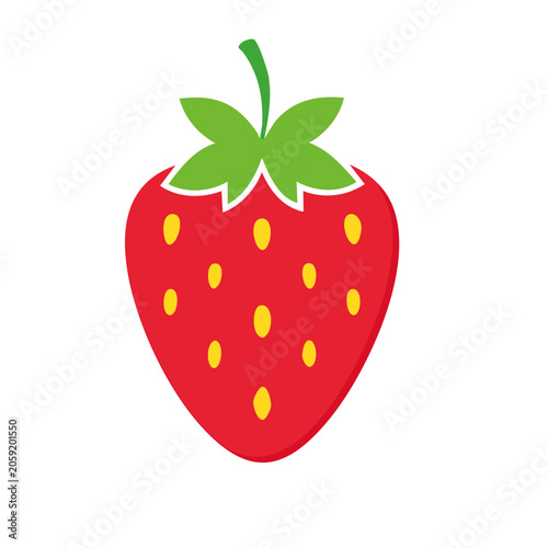Flat design strawberry icon with green leaves and yellow seeds