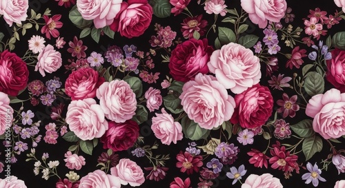Seamless pattern of elegant pink roses and dark red flowers on black background for luxury textile and print design