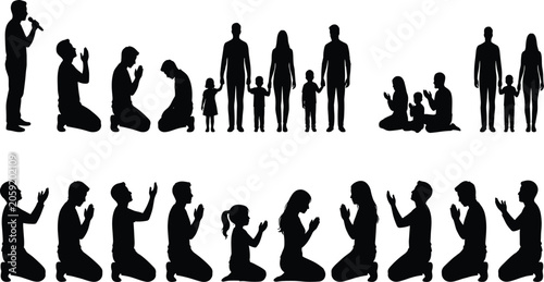 Foto Religious families and people praying vector silhouette set featuring kneeling w