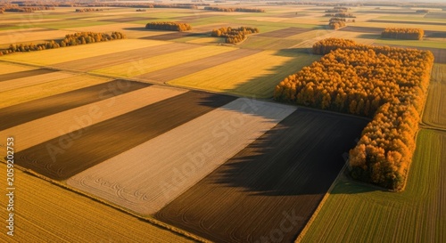 Aerial view of autumn agricultural fields with golden forest patches and harvested crop rows in a beautiful rural landscape