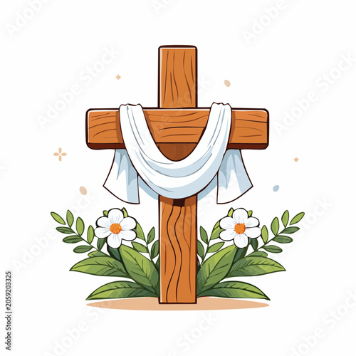 Wooden Cross with White Cloth and Flowers
