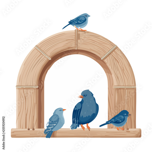 Blue Birds Perched on Wooden Arch Illustration