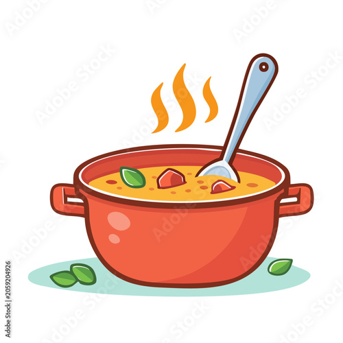 Cartoon illustration of a steaming soup pot with spoon