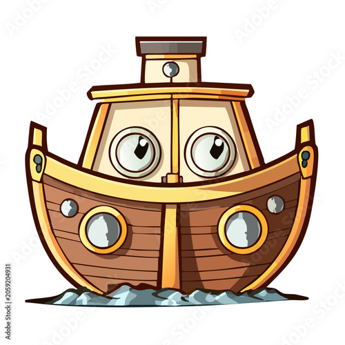 Cartoon Ship with Eyes on Transparent Background