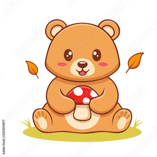 Cute cartoon bear holding a red mushroom with autumn leaves