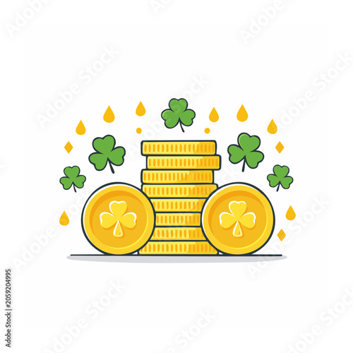 Flat design gold coins with shamrocks and lucky symbols