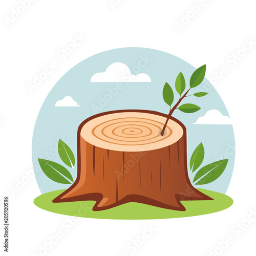 Tree stump with new sprout in flat design