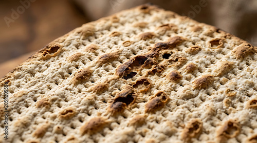 Detailed texture of baked matzah surface, a traditional unleavened bread showing rustic patterns and golden brown hues