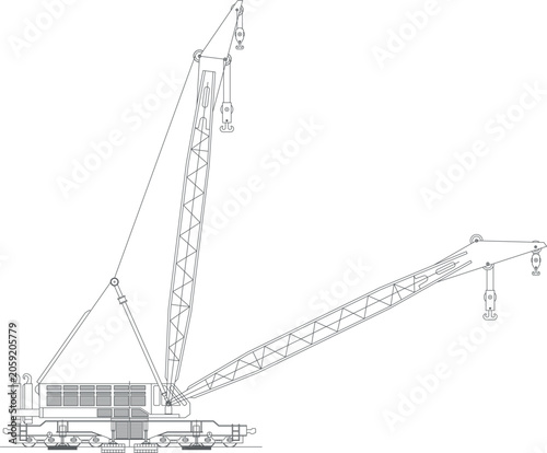 Photography Technical line art illustration of a large mobile crane, likely a crawler crane or heavy-duty truck-mounted crane, showing a side profile view