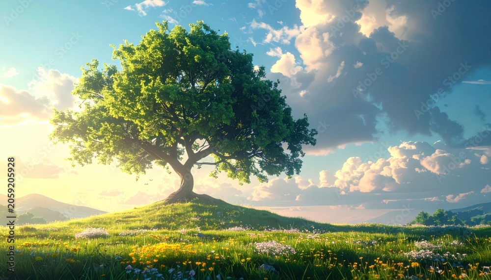 Fototapeta premium A vibrant lone tree stands atop a sunlit grassy hill, under a dynamic sky