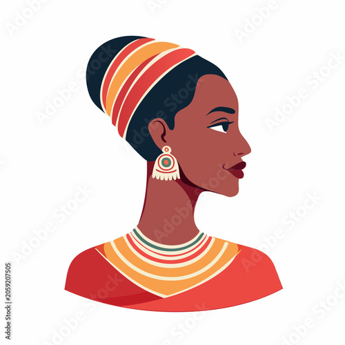 Illustration of a woman with traditional African headwrap and jewelry
