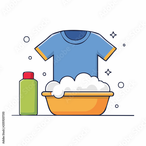 Laundry concept with t-shirt, basin, and detergent bottle