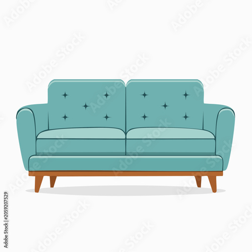 Retro Teal Sofa with Tufted Back and Wooden Legs