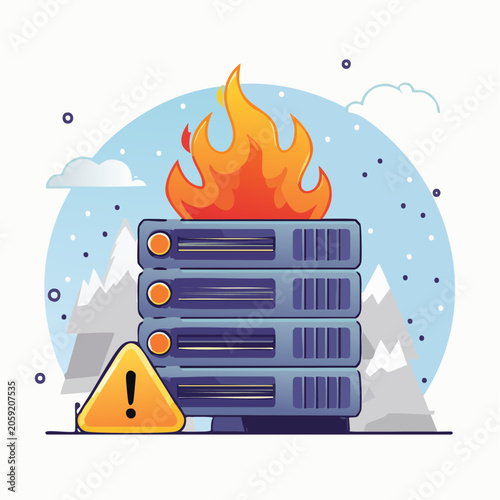 Server Rack on Fire with Warning Sign